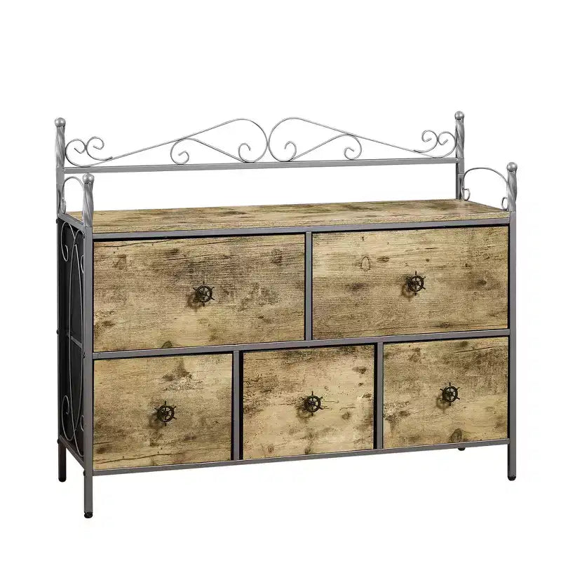 Commode à 5 tiroirs VECELO en bois, table de chevet/d'appoint pour salon ou chambre à coucher, poignée facile à tirer, marron/gris