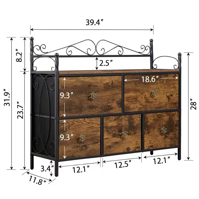 Commode à 5 tiroirs VECELO en bois, table de chevet/d'appoint pour salon ou chambre à coucher, poignée facile à tirer, marron/gris