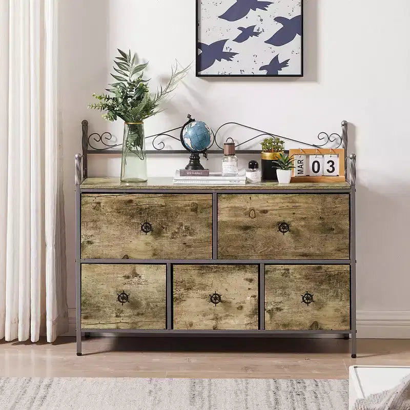 Commode à 5 tiroirs VECELO en bois, table de chevet/d'appoint pour salon ou chambre à coucher, poignée facile à tirer, marron/gris