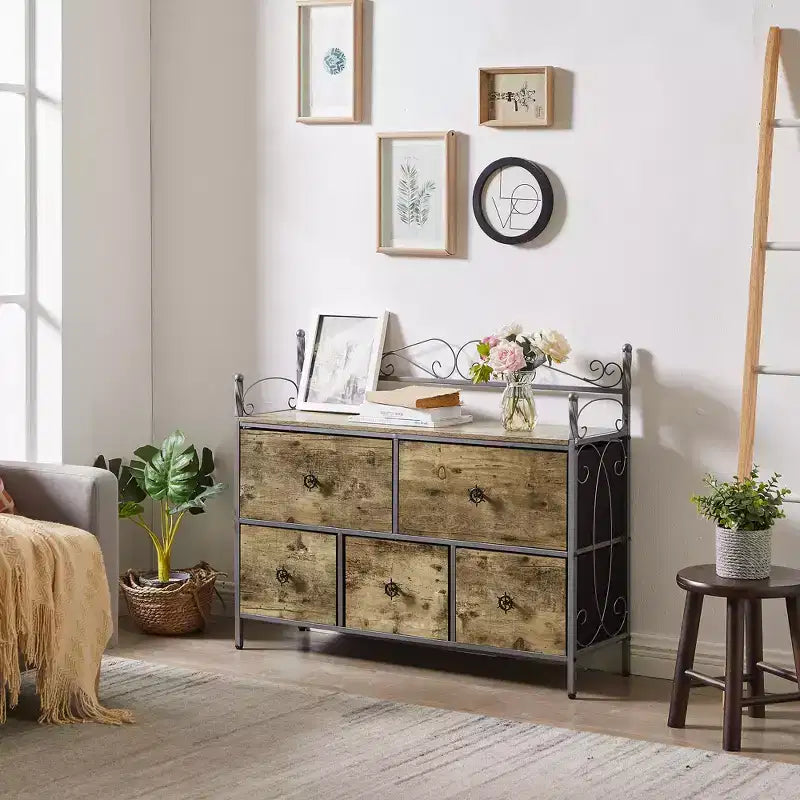 Commode à 5 tiroirs VECELO en bois, table de chevet/d'appoint pour salon ou chambre à coucher, poignée facile à tirer, marron/gris
