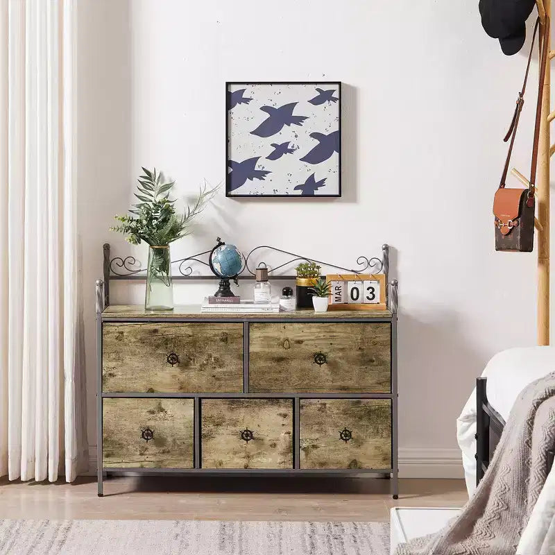 Commode à 5 tiroirs VECELO en bois, table de chevet/d'appoint pour salon ou chambre à coucher, poignée facile à tirer, marron/gris