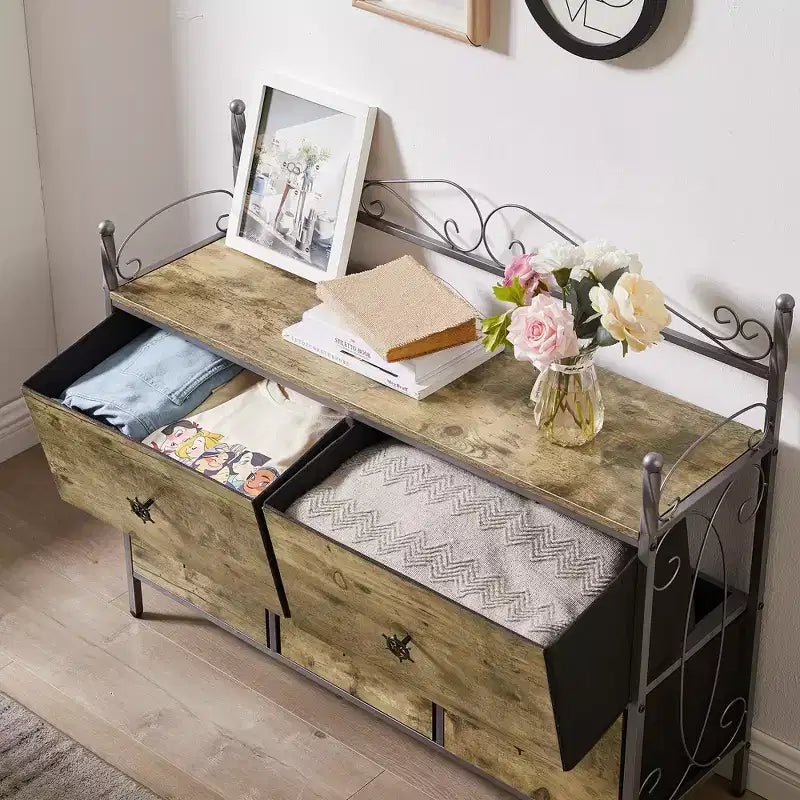 Commode à 5 tiroirs VECELO en bois, table de chevet/d'appoint pour salon ou chambre à coucher, poignée facile à tirer, marron/gris