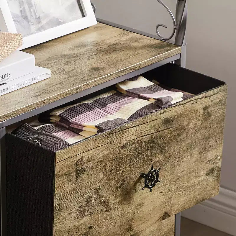 Commode à 5 tiroirs VECELO en bois, table de chevet/d'appoint pour salon ou chambre à coucher, poignée facile à tirer, marron/gris