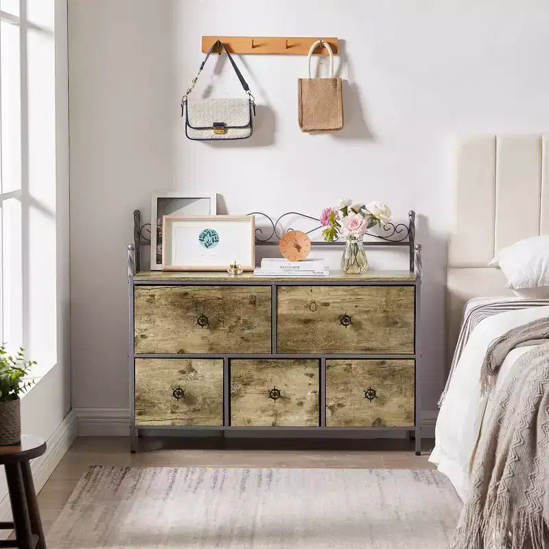 Commode à 5 tiroirs VECELO en bois, table de chevet/d'appoint pour salon ou chambre à coucher, poignée facile à tirer, marron/gris