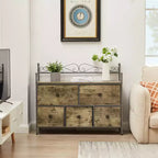 Commode à 5 tiroirs VECELO en bois, table de chevet/d'appoint pour salon ou chambre à coucher, poignée facile à tirer, marron/gris