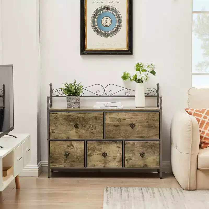Commode à 5 tiroirs VECELO en bois, table de chevet/d'appoint pour salon ou chambre à coucher, poignée facile à tirer, marron/gris