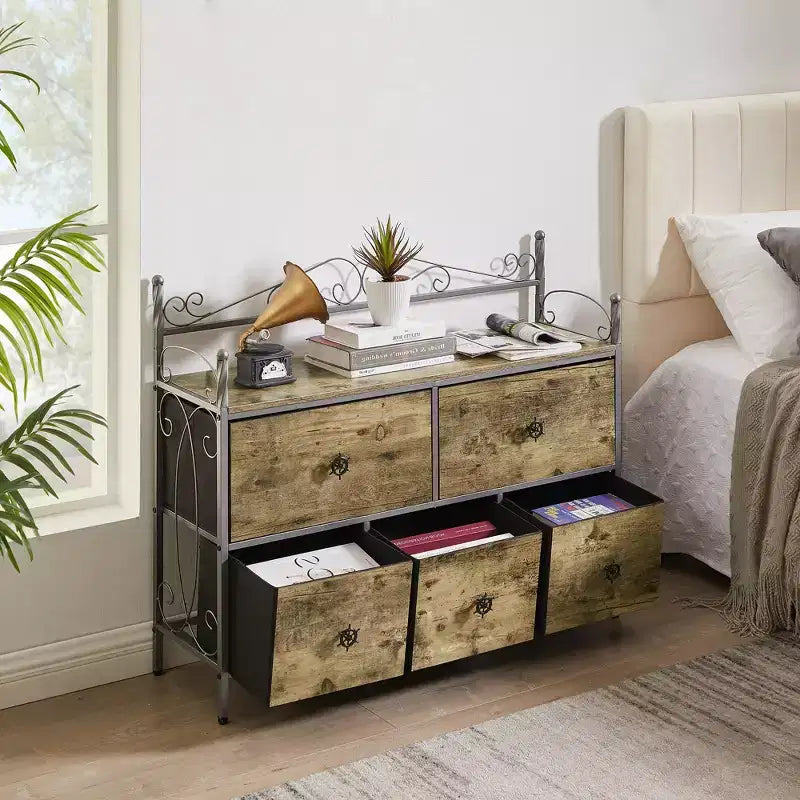 Commode à 5 tiroirs VECELO en bois, table de chevet/d'appoint pour salon ou chambre à coucher, poignée facile à tirer, marron/gris