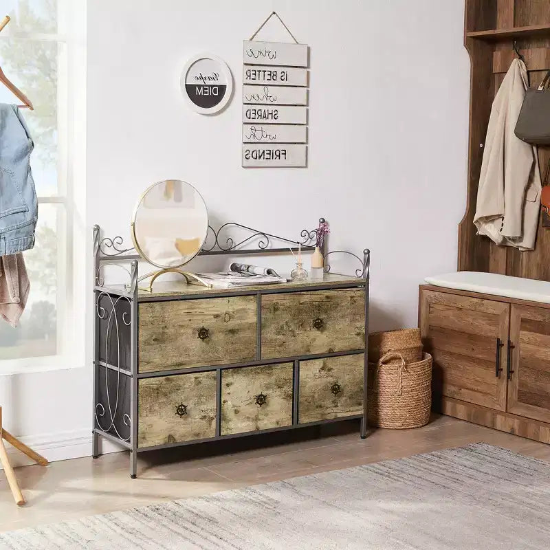 Commode à 5 tiroirs VECELO en bois, table de chevet/d'appoint pour salon ou chambre à coucher, poignée facile à tirer, marron/gris