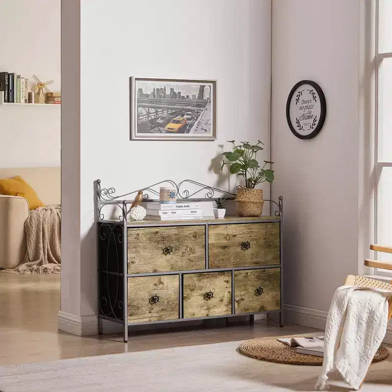 Commode à 5 tiroirs VECELO en bois, table de chevet/d'appoint pour salon ou chambre à coucher, poignée facile à tirer, marron/gris