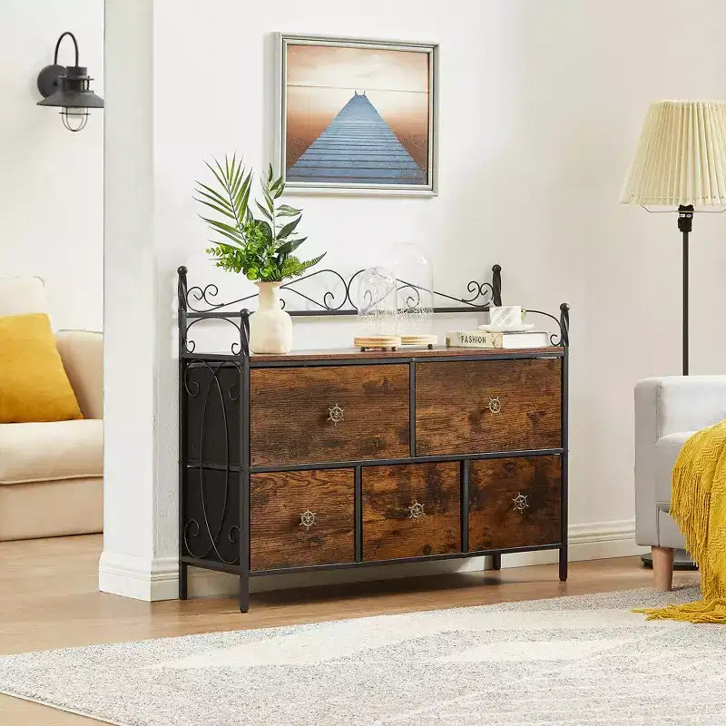 Commode à 5 tiroirs VECELO en bois, table de chevet/d'appoint pour salon ou chambre à coucher, poignée facile à tirer, marron/gris