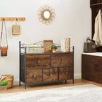 Commode à 5 tiroirs VECELO en bois, table de chevet/d'appoint pour salon ou chambre à coucher, poignée facile à tirer, marron/gris