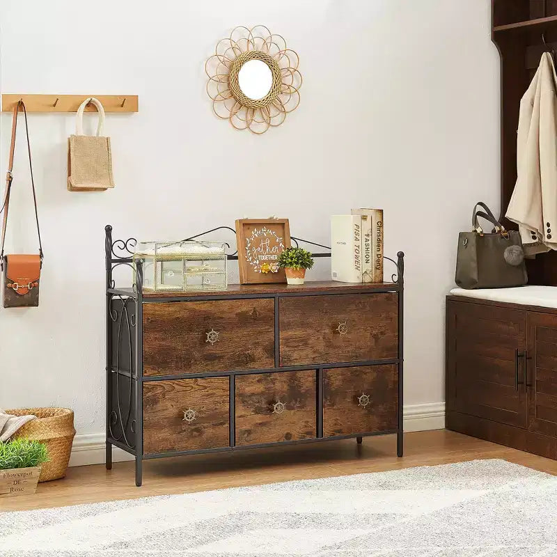 Commode à 5 tiroirs VECELO en bois, table de chevet/d'appoint pour salon ou chambre à coucher, poignée facile à tirer, marron/gris