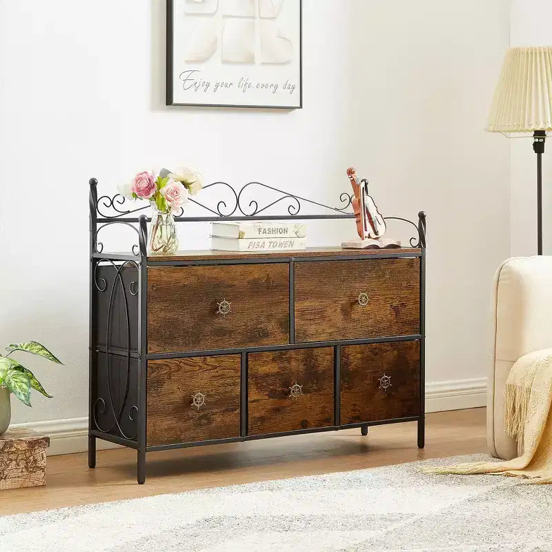 Commode à 5 tiroirs VECELO en bois, table de chevet/d'appoint pour salon ou chambre à coucher, poignée facile à tirer, marron/gris