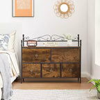 Commode à 5 tiroirs VECELO en bois, table de chevet/d'appoint pour salon ou chambre à coucher, poignée facile à tirer, marron/gris