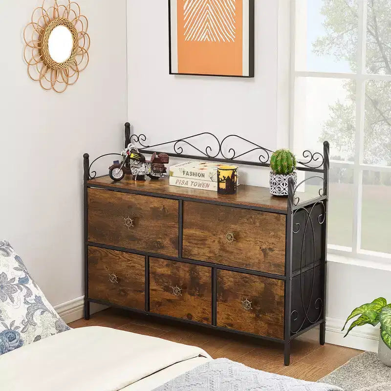 Commode à 5 tiroirs VECELO en bois, table de chevet/d'appoint pour salon ou chambre à coucher, poignée facile à tirer, marron/gris