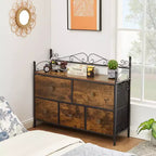 Commode à 5 tiroirs VECELO en bois, table de chevet/d'appoint pour salon ou chambre à coucher, poignée facile à tirer, marron/gris