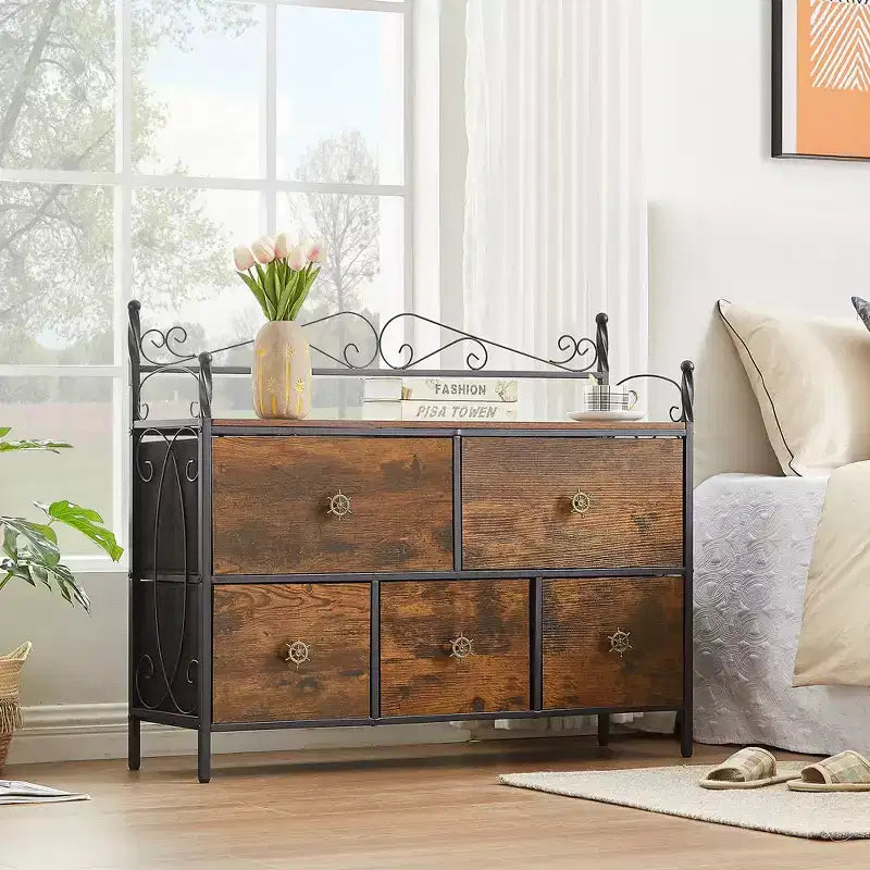 VECELO Wooden Top Dresser with 5 Drawers, Bedside/End Table for Living Room or Bedroom, Easy Pull Handle, Brown/Gray