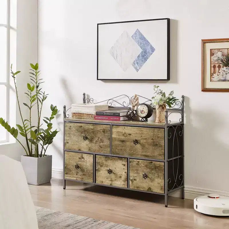 Commode à 5 tiroirs VECELO en bois, table de chevet/d'appoint pour salon ou chambre à coucher, poignée facile à tirer, marron/gris