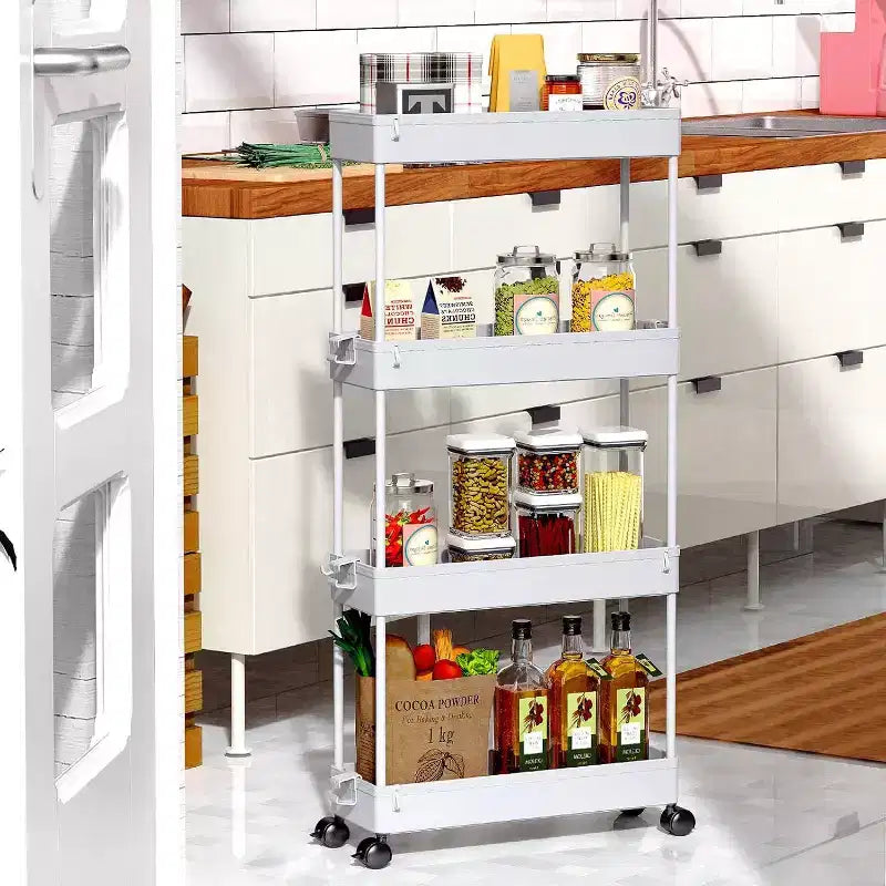 ACOINEL Chariot de Rangement Mince 4 Niveaux, Organisateur de Salle de Bain, Unité d'Étagères Mobiles, Chariot de Service Tour de Rangement pour Cuisine, Buanderie, Espaces Étroits