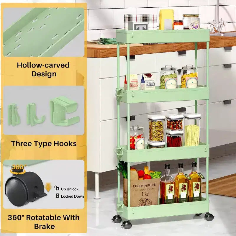 ACOINEL Chariot de Rangement Mince 4 Niveaux, Organisateur de Salle de Bain, Unité d'Étagères Mobiles, Chariot de Service Tour de Rangement pour Cuisine, Buanderie, Espaces Étroits