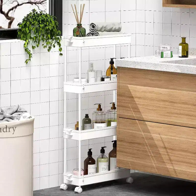 ACOINEL Chariot de Rangement Mince 4 Niveaux, Organisateur de Salle de Bain, Unité d'Étagères Mobiles, Chariot de Service Tour de Rangement pour Cuisine, Buanderie, Espaces Étroits