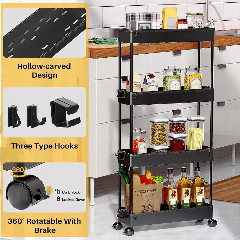 ACOINEL Chariot de Rangement Mince 4 Niveaux, Organisateur de Salle de Bain, Unité d'Étagères Mobiles, Chariot de Service Tour de Rangement pour Cuisine, Buanderie, Espaces Étroits