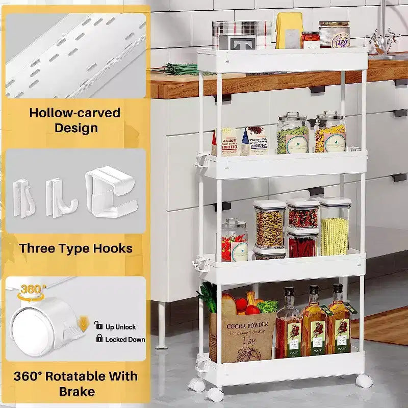 ACOINEL Chariot de Rangement Mince 4 Niveaux, Organisateur de Salle de Bain, Unité d'Étagères Mobiles, Chariot de Service Tour de Rangement pour Cuisine, Buanderie, Espaces Étroits