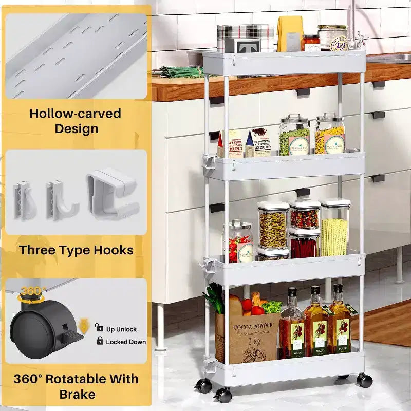 ACOINEL Chariot de Rangement Mince 4 Niveaux, Organisateur de Salle de Bain, Unité d'Étagères Mobiles, Chariot de Service Tour de Rangement pour Cuisine, Buanderie, Espaces Étroits