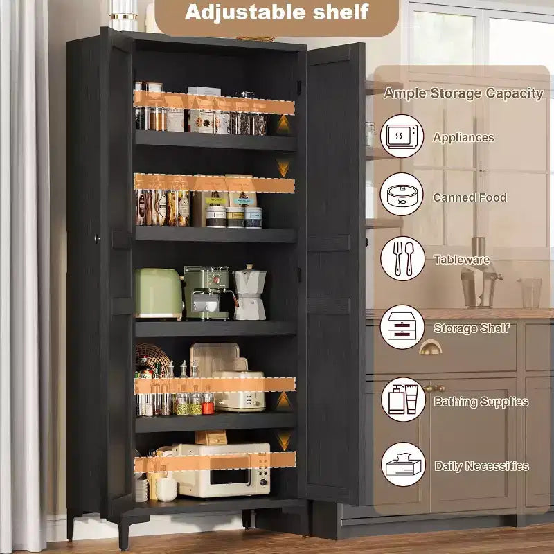 Meuble de Rangement Haut de 180 cm pour Ferme, Étagères Réglables et 2 Portes - Organisateur de Garde-Manger de Salle de Bain pour Cuisine, Salle à Manger et Bureau