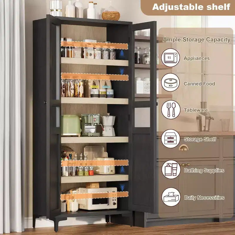 Meuble de Rangement Haut de 180 cm pour Ferme, Étagères Réglables et 2 Portes - Organisateur de Garde-Manger de Salle de Bain pour Cuisine, Salle à Manger et Bureau