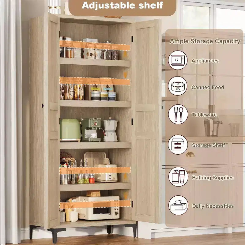 Meuble de Rangement Haut de 180 cm pour Ferme, Étagères Réglables et 2 Portes - Organisateur de Garde-Manger de Salle de Bain pour Cuisine, Salle à Manger et Bureau