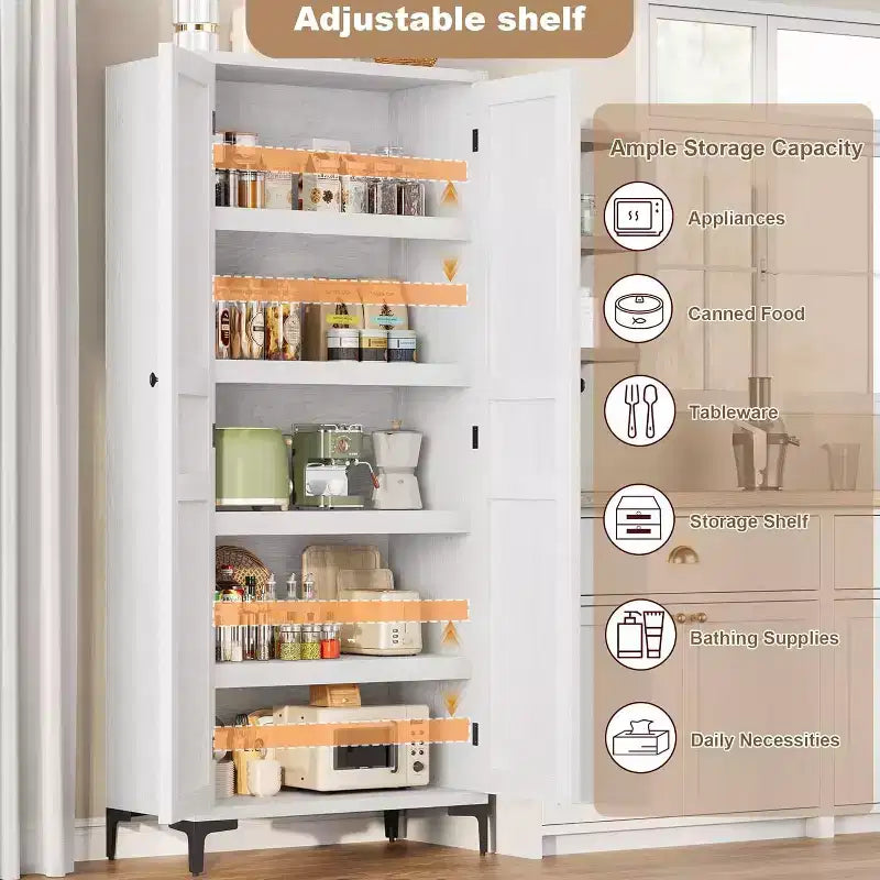 Meuble de Rangement Haut de 180 cm pour Ferme, Étagères Réglables et 2 Portes - Organisateur de Garde-Manger de Salle de Bain pour Cuisine, Salle à Manger et Bureau