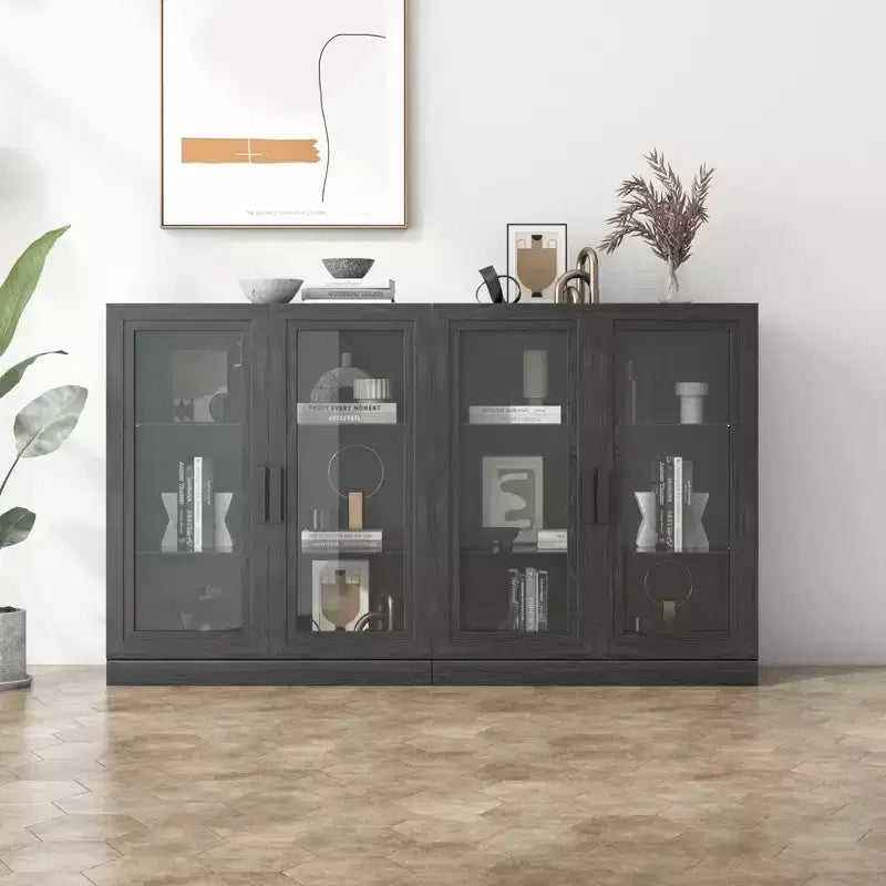 36x62x16 Wood Accent Sideboard Cabinet in Black, Storage Organizer with Adjustable Shelves and Glass Doors for Kitchen Bedroom Living/Dinning Room