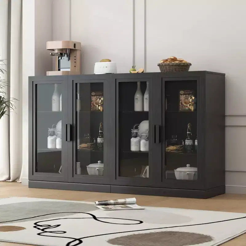 Buffet en bois avec portes vitrées et étagères réglables, organisateur de rangement 36x62x16, noir, pour cuisine, chambre, salon/salle à manger