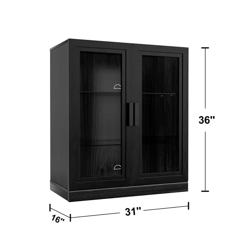 Buffet en bois avec portes vitrées et étagères réglables, organisateur de rangement 36x62x16, noir, pour cuisine, chambre, salon/salle à manger