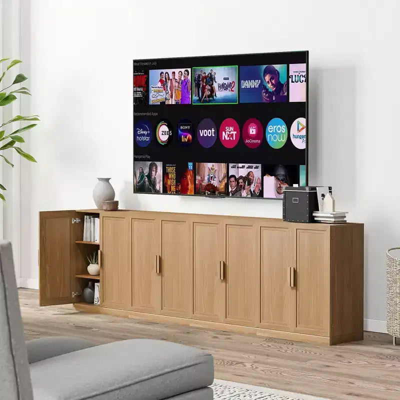 Meuble d'appoint en bois 36x124x16 de couleur naturelle, organiseur de rangement avec étagères réglables pour cuisine, chambre, entrée, salon, salle à manger