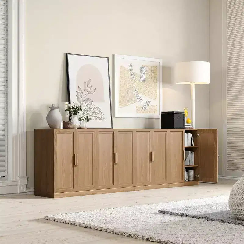 Meuble d'appoint en bois 36x124x16 de couleur naturelle, organiseur de rangement avec étagères réglables pour cuisine, chambre, entrée, salon, salle à manger