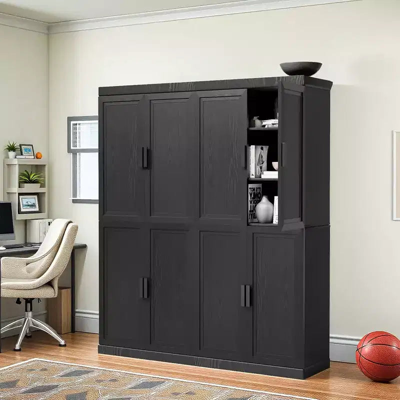Meuble d'appoint en bois noir 72x62x16, organisateur de rangement avec étagères réglables pour cuisine, chambre, entrée, salon, salle à manger