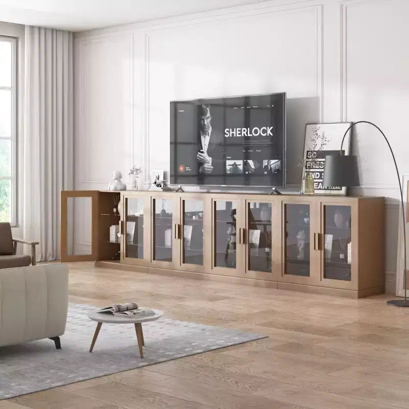 Meuble d'appoint en bois, organisateur de rangement avec étagères réglables et portes vitrées pour cuisine, chambre, entrée, salon, salle à manger