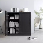 31x31x16 Wood Grain Buffet Cabinet in Black, Storage Organizer with Adjustable Shelves and Rattan Doors for Kitchen Bedroom Living/Dinning Room