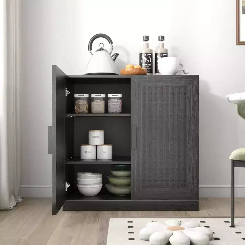 Bahut à grain de bois noir 31x31x16, organisateur de rangement avec étagères réglables et portes en rotin pour cuisine, chambre, salon/salle à manger