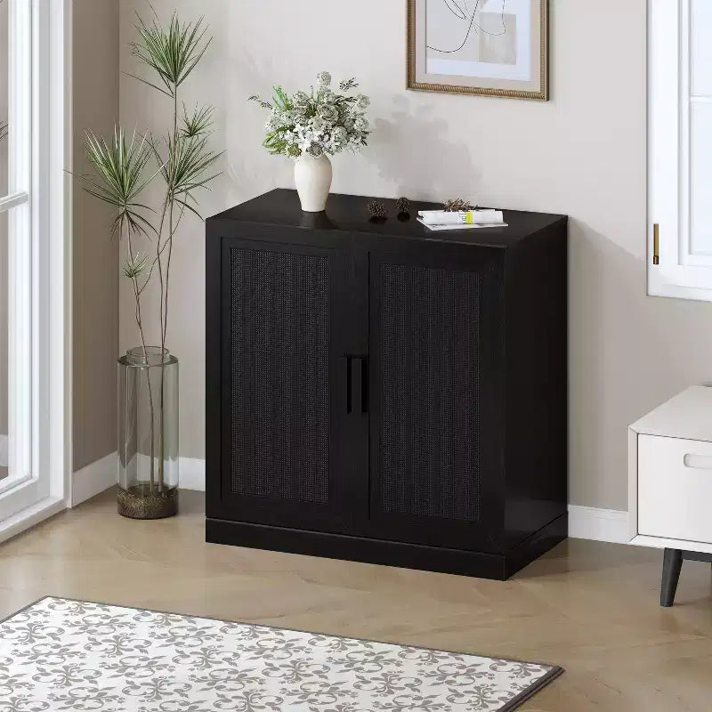 Bahut à grain de bois noir 31x31x16, organisateur de rangement avec étagères réglables et portes en rotin pour cuisine, chambre, salon/salle à manger