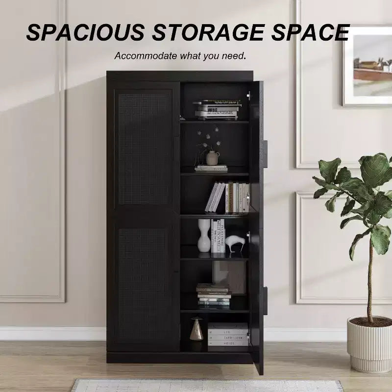 Bahut à grain de bois noir 31x31x16, organisateur de rangement avec étagères réglables et portes en rotin pour cuisine, chambre, salon/salle à manger