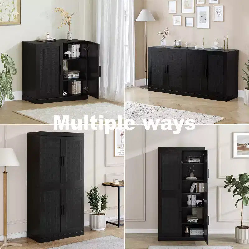 Bahut à grain de bois noir 31x31x16, organisateur de rangement avec étagères réglables et portes en rotin pour cuisine, chambre, salon/salle à manger