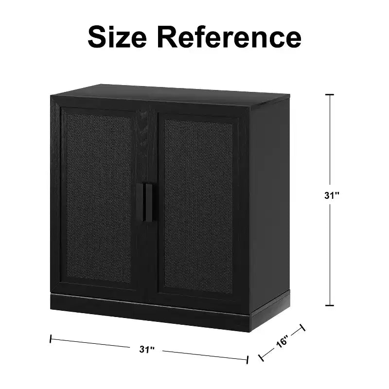 Bahut à grain de bois noir 31x31x16, organisateur de rangement avec étagères réglables et portes en rotin pour cuisine, chambre, salon/salle à manger