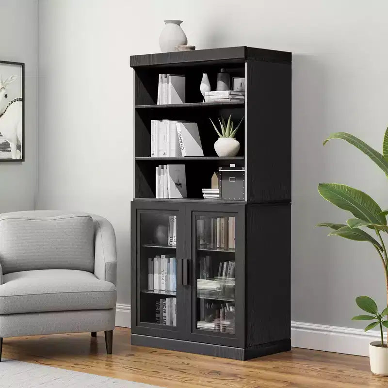 62x31x16 Wood Accent Sideboard Cabinet in Black, Storage Organizer with Adjustable Shelves and Glass Doors for Kitchen Bedroom Living/Dinning Room