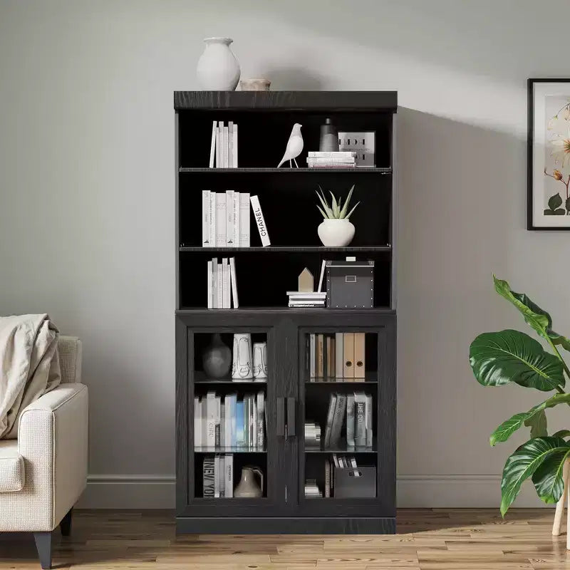 Bahut d'appoint en bois noir 62x31x16, organiseur de rangement avec étagères réglables et portes vitrées pour cuisine, chambre, salon/salle à manger