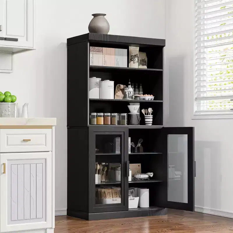 Bahut d'appoint en bois noir 62x31x16, organiseur de rangement avec étagères réglables et portes vitrées pour cuisine, chambre, salon/salle à manger