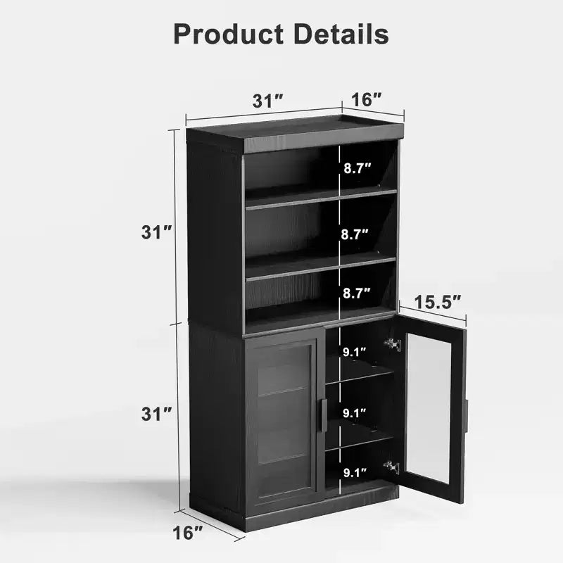 Bahut d'appoint en bois noir 62x31x16, organiseur de rangement avec étagères réglables et portes vitrées pour cuisine, chambre, salon/salle à manger