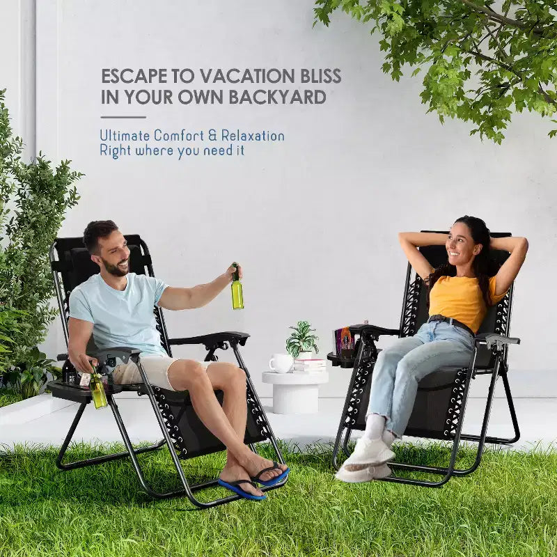 Lot de 2 chaises Nestl Zéro Gravité, Chaises de Camping Inclinables, Chaises Pliantes d'Extérieur avec Oreiller et Plateau Porte-Gobelet
